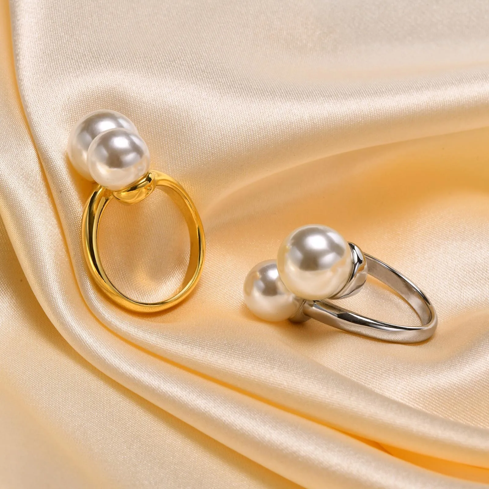 Chic Gold Color Simulated Pearl Ring, Dainty Opening Adjustable Size Stainless Steel Finger Band Rings