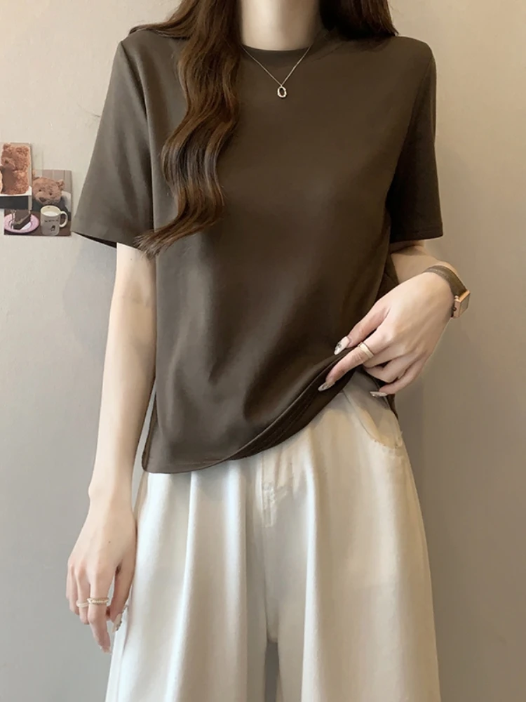 Red Short Sleeve T-Shirt Women Summer plus Size Conceal Meat Slimming Hide Belly Casual Base Top Simple Stylish Commute Style