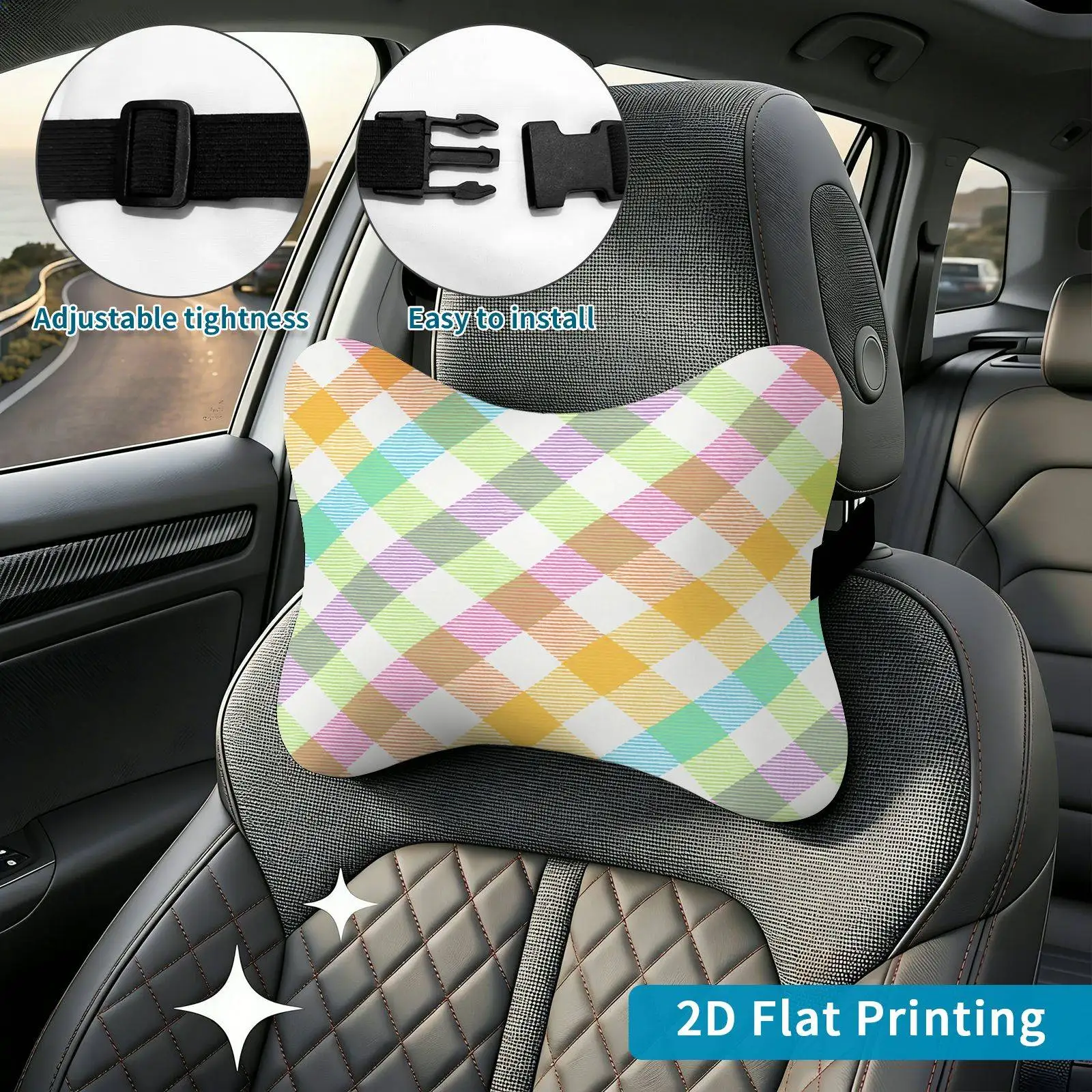 2pcs Colorful Argyle Plaid Car Seat Headrest, Neck Support Cushion, Suitable For All Seasons Of Car Accessories, Pastel Theme, T