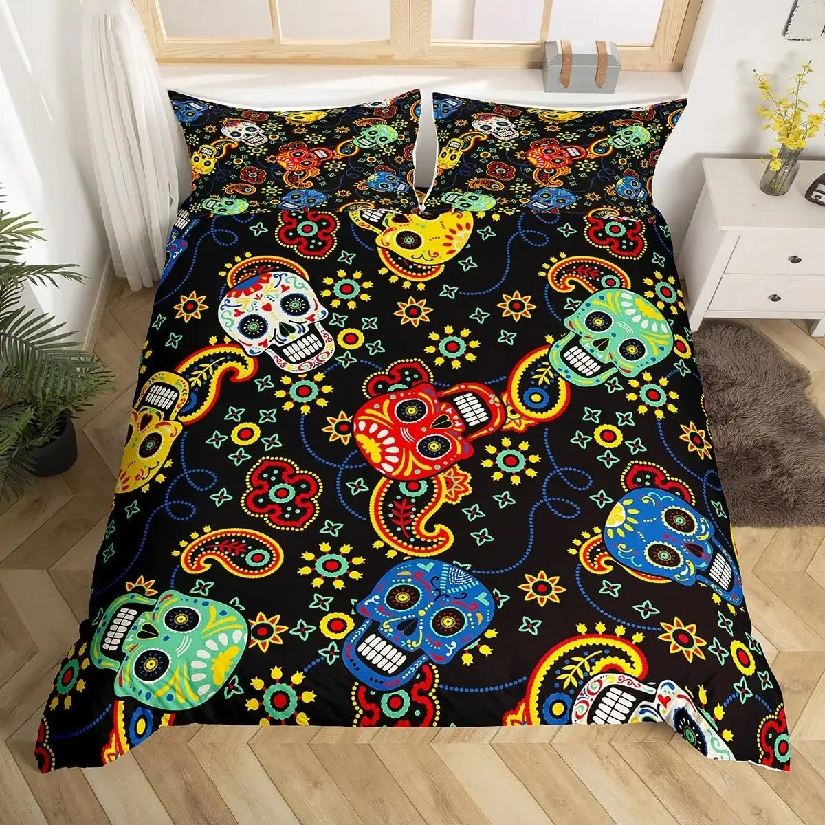 

Sugar Skull Duvet Cover Colorful Vintage Floral Bedding Set Hippie Mexico Style Comforter Cover Gothic Skeleton 3PCS Quilt Cover