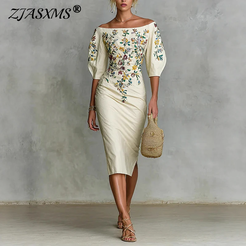 Elegancka sukienka damska na wiosnę z kwiatowym wzorem, dopasowana, seksowna, z dekoltem typu slash neck, z wycięciami i rozcięciem, idealna na imprezę, codzienna sukienka damska z rękawem 3/4 na jesień.