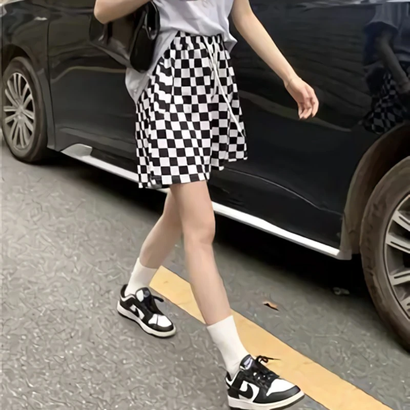 Plaid Shorts Women Korean Style Casual Daily High Waist A-line Versatile Fashion Thin Drawstring Straight Leg Short Pants Female