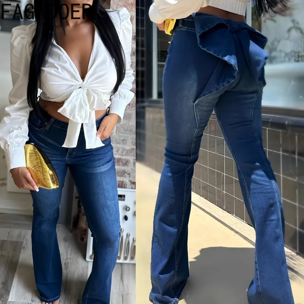

FAGADOER Retro Fashion Denim Pants Women Solid Color Bow Slightly Flared Patchwork Jeans Female Streetwear Trousers Autumn New