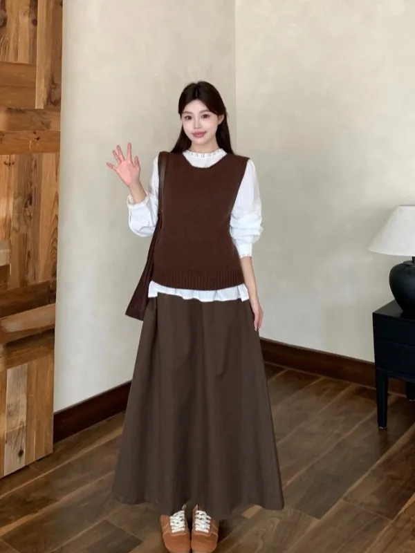 

Женский винтажный комплект из трех предметов: блузка, жилет и юбка с высокой талией, осенняя мода, корейский стиль, свободный крой, длинный рукав, большие размеры