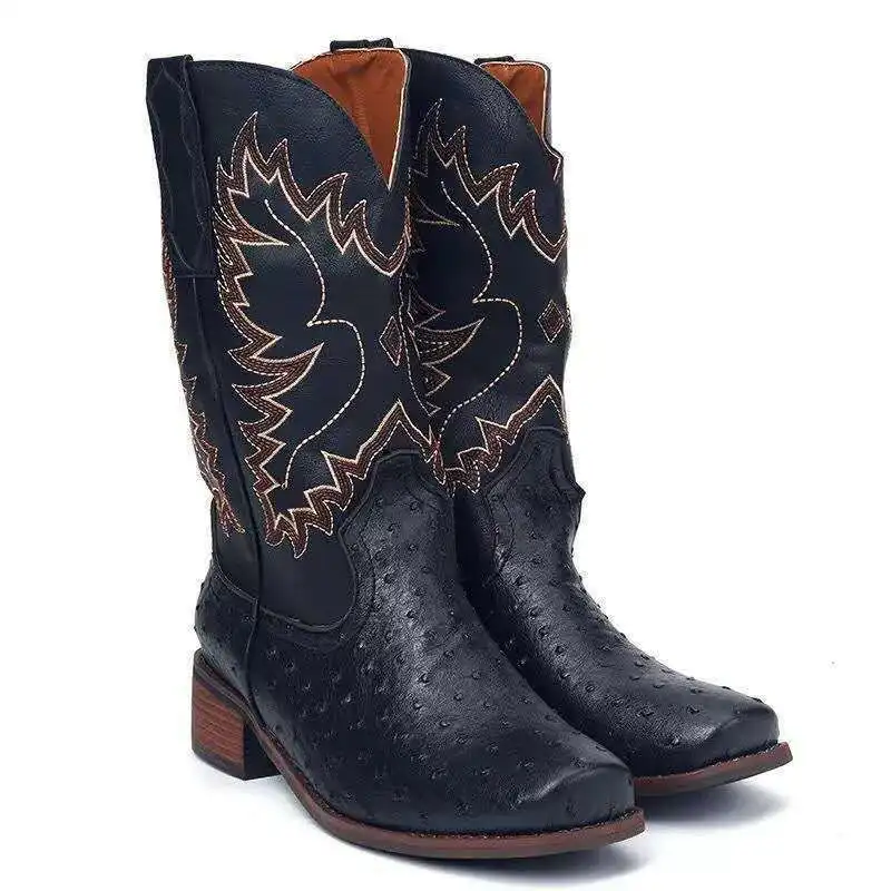 Desert Boots Women's Western cowboy boots chunky heels plus size embroidered vintage knight boots