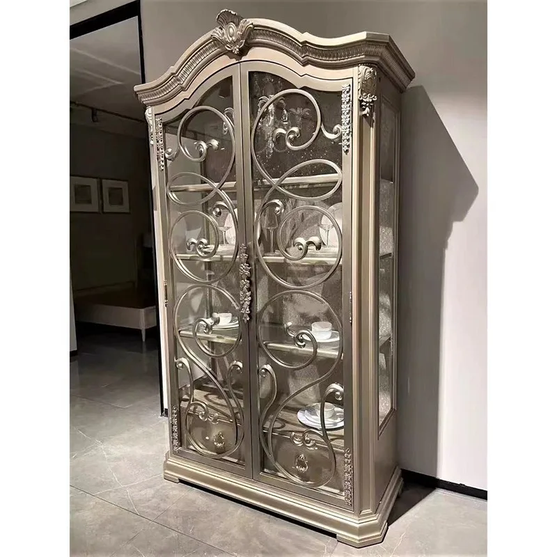 Country solid wood wine cabinet Double door glass antique cabinet French engraved retro dining side cabinet