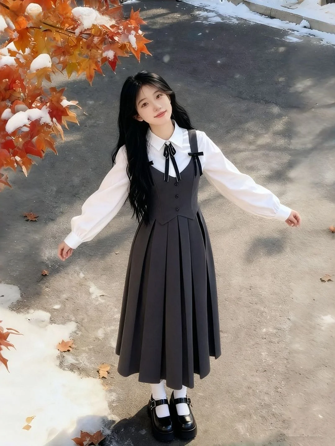 White Shirt  Knot Strap Dress Women's Versatile Knee-Length Overcoat Two-Piece Set College Style Fashionable Outfit