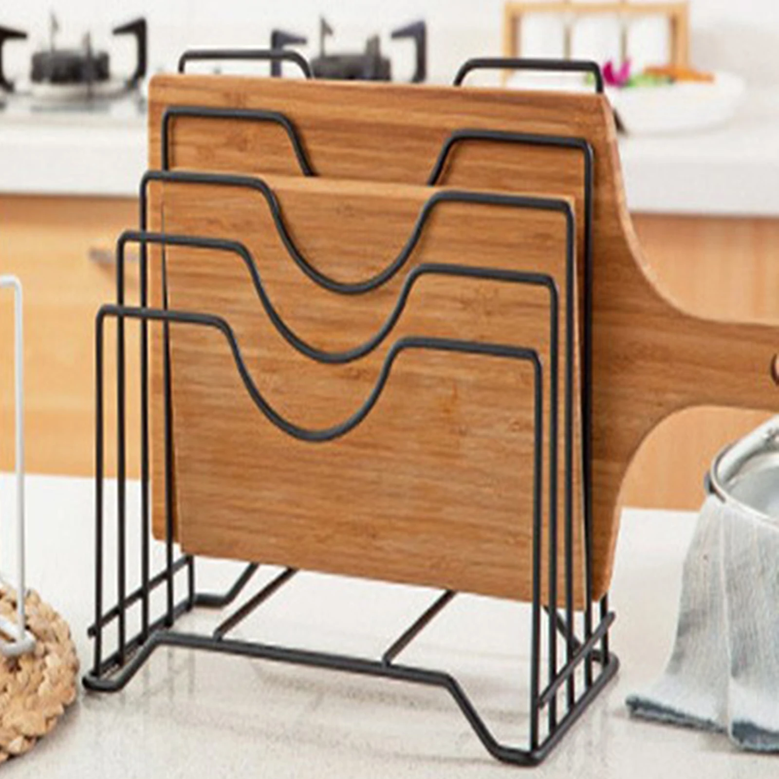 Metal Pot Pan Lid Holder Rack with 4 Sectional Cutting Board Rack Holder for Pantry Dishes Cutting Boards Condos Campers