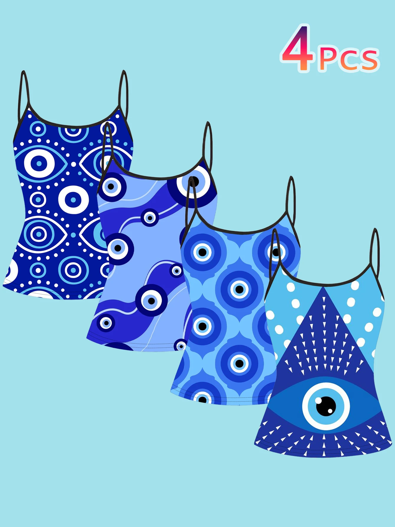 4-Piece Set of Women's Blue Evil Eye Print Camisoles, Turkish Evil Eye Geometric Polka Dot Slim-Fit Spaghetti Strap Inner Tops
