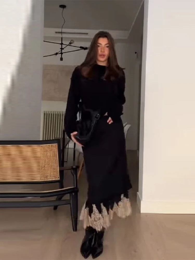 Chic New Women Lace Trim Long Dress Lace-Patchwork Irregular Hem All-Matching Skirt 2026 Fashion Commuting Daily Party Daily Fit
