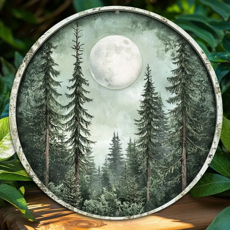 

Aluminum Metal Sign with Forest Moon Theme, Round 2D Printed Wall Art for Home, Office, Living Room, Bar, Coffee Shop Decoration