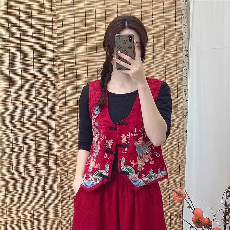 National Wind Heavy Industry Embroidered Cotton-linen Jacquard Vest Women's Summer Thin Style With Retro Buckle Sleeveless Vest