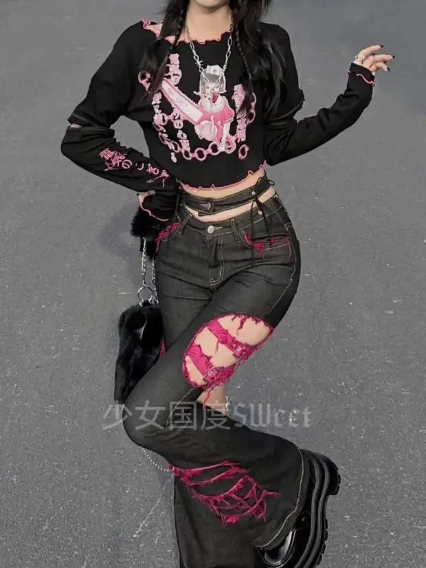 Japanese Punk Girl Black Jeans Subculture Hollow Out Diamond Chains Hot Girl Sexy Cowboy Sweet Cool Cute Slim Flare Denim Pants