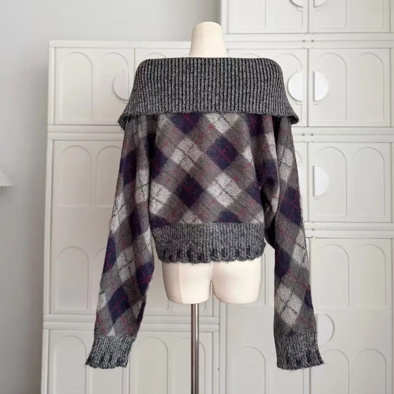 Sweter rozpinany w kratę w stylu vintage, luźny, z dzianiny, patchworkowy, wełniany kardigan na jesień i zimę, odzież modowa C225