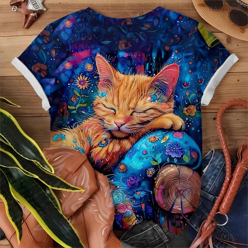 

Fashion Womens T-shirt 3D Kawaii Cat Print Tees Tops 2024 New Harujuku Animal Short Sleeve T Shirt Oversized Loose Woman Clothes