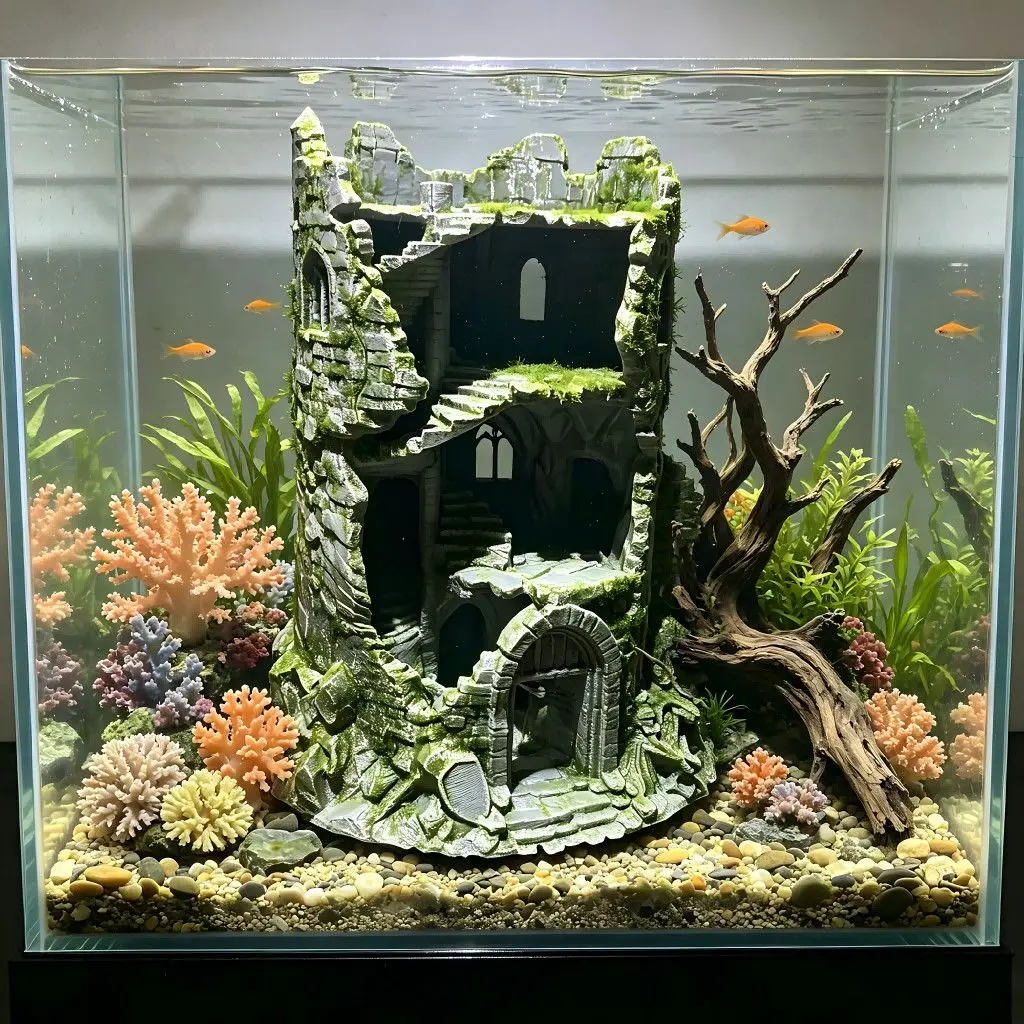 3dプリントされた騎士塔の遺跡水生景観装飾小型魚の隠れ家エビの生息地水槽装飾ペット用品