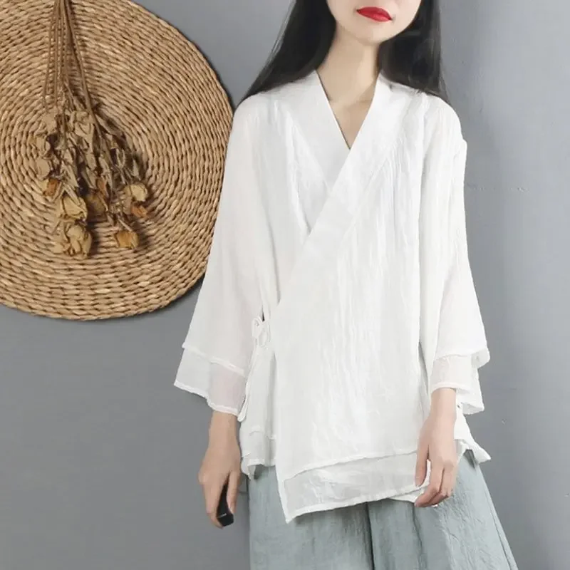 Women Linen Shirt Tops Chinese Style Vintage Retro Shirt Cardigan Coat Fairy Tai Chi Uniform Tang Suit Breathable Casual Hanfu