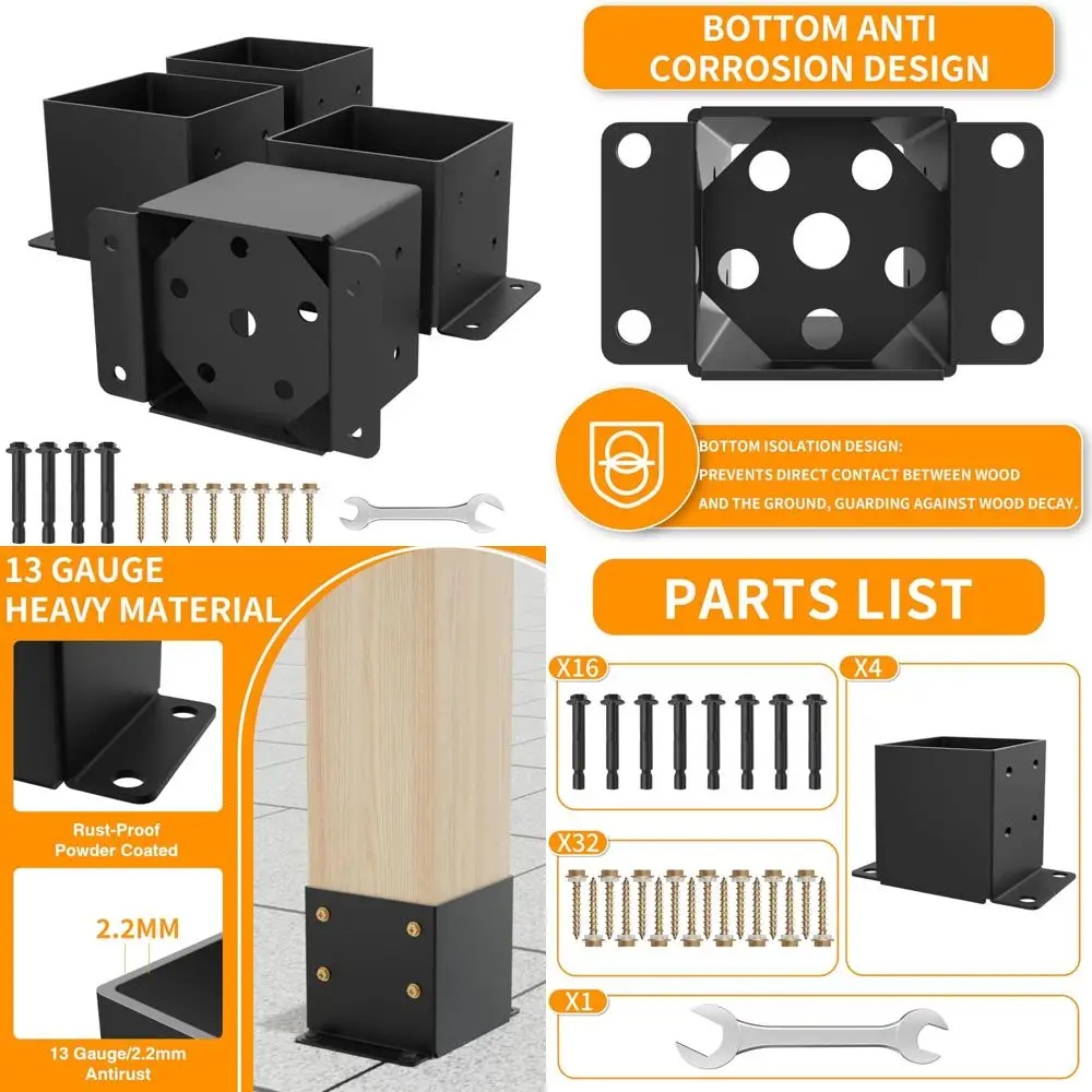 

Heavy Duty Solid Steel Fence Post Brackets 6x6, Rust-Proof, 13 Gauge Thick, 5.6x5.6 Inch Inner Size, Durable Post Anchor Base fo