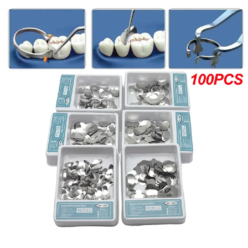 100PCS Dental Teeth Orthodontic Forming Matriz Kit Dentistry Matrix Sectional Contoured Matrices Bands Metal Rings for Dentist