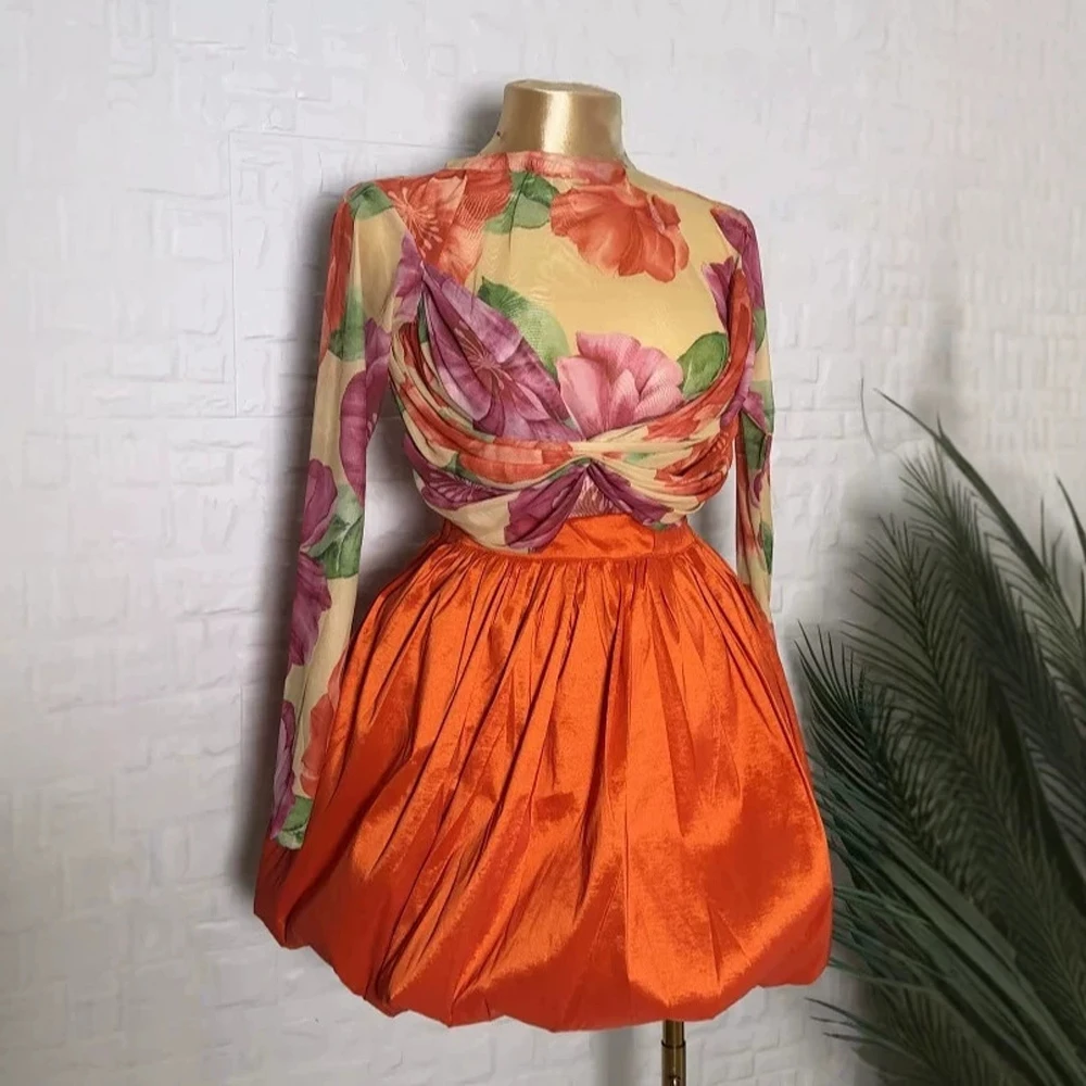 JENYAGE Damen Sexy Blumen-Netzstoff-Oberteil mit Stehkragen und langen Ärmeln + Korallenfarbener, voluminöser Minirock, zweiteiliges Abend-Party-Set – Detail 4