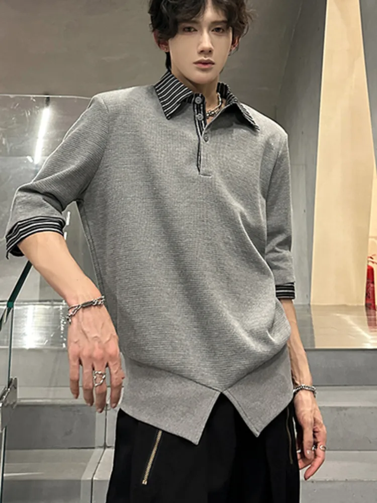 Turn-Down Collar Color Versatile Male Tees Striped Patchwork American Style Trendy Summer Men's Short Sleeve T-Shirt VBF56