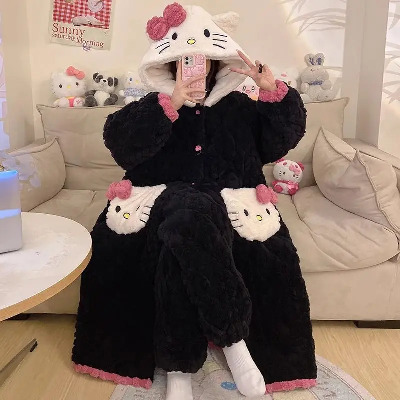 Miniso Hello Kitty Hooded Pajamas Suit For Women Coral Velvet Three Layer Extra Thick Cotton Home Outdoors Clothes Set In Winter