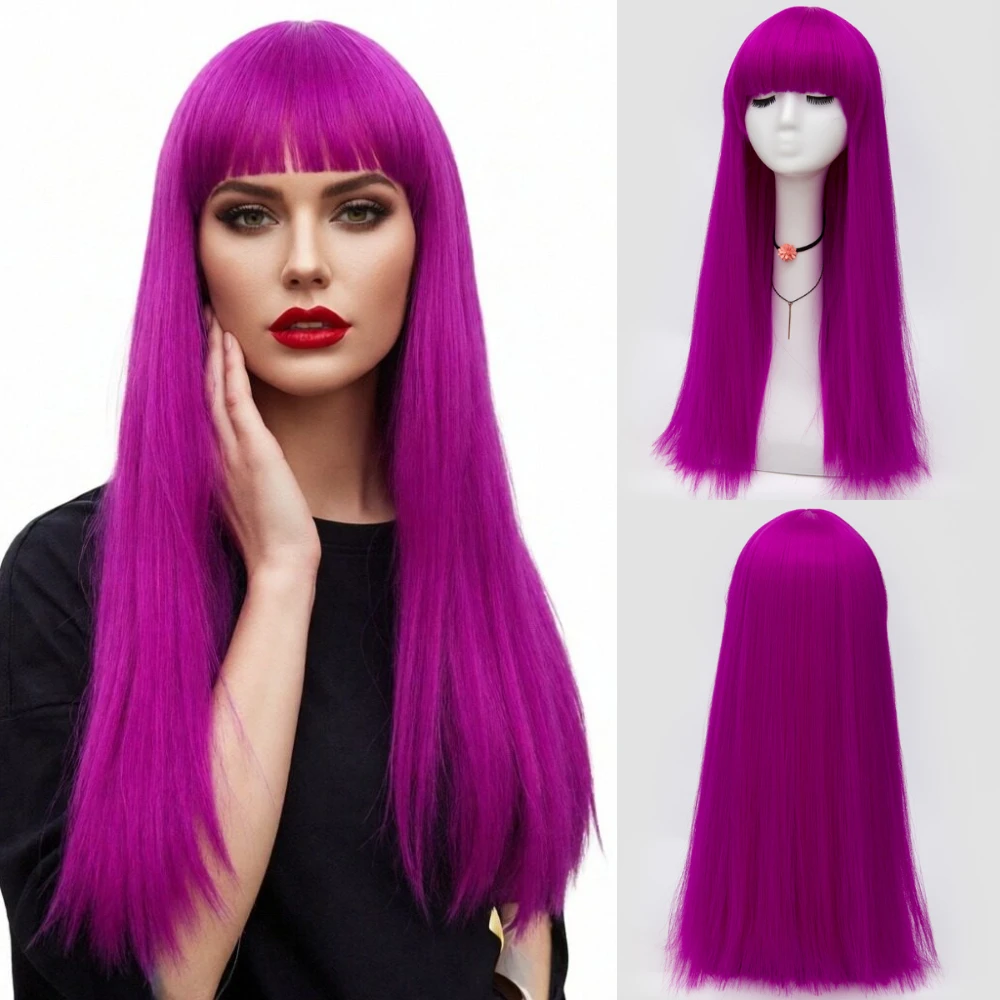 Long Straight With Bang Purple Synthetic Wig Heat Resistant for Women Cosplay Halloween Party
