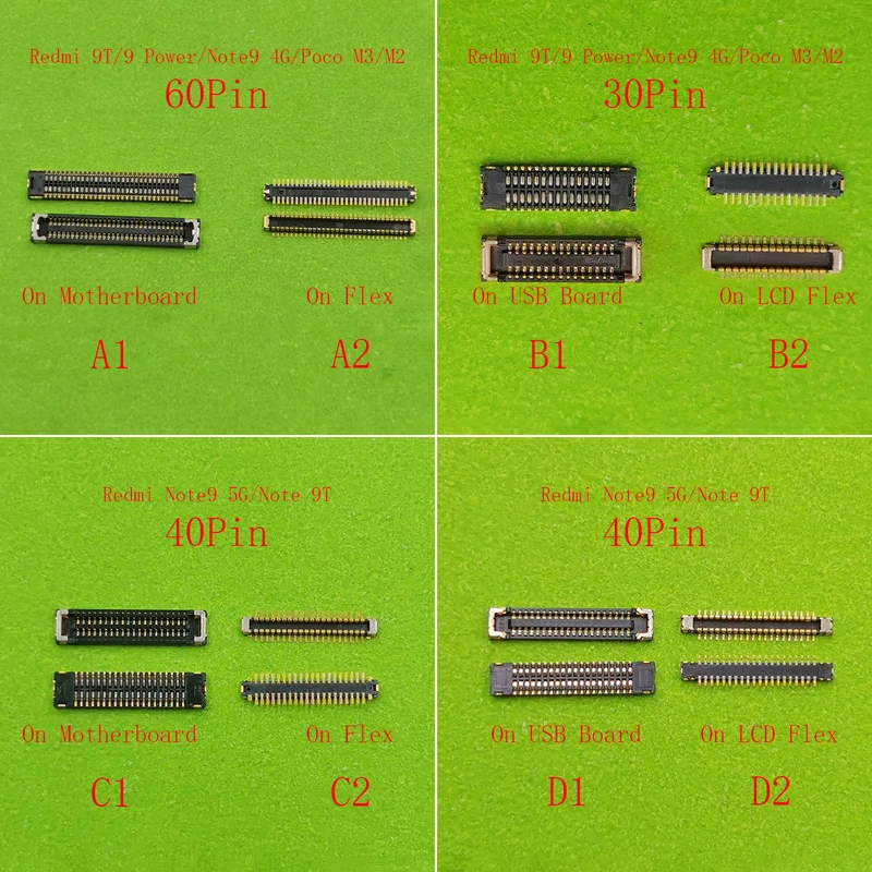 2pcs 30 40 60 Pin LCD Display Screen FPC Connector For Xiaomi Poco M3 M2 Redmi Note9 4G 5G/9T USB Charging Port Battery FPC