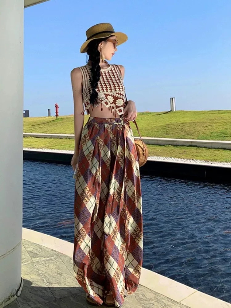 Female Bohemian Beach Holiday 2pcs Sets Suit Lady Asymmetric Knit Tanks Camis Vintage Rhombus Plaid Wide Leg Pants Trousers Sets