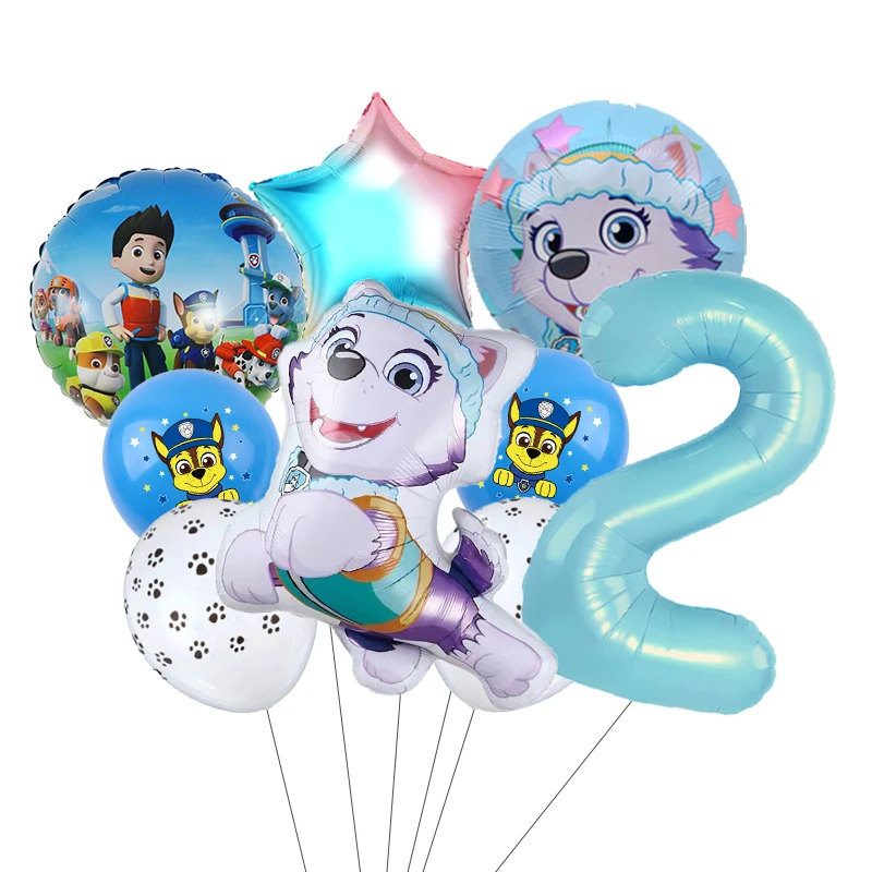 9pcs Paw Patrol Everest Balloons Set Number 0-9 Blue Foil Latex Balloons Birthday Party Decor Supplies