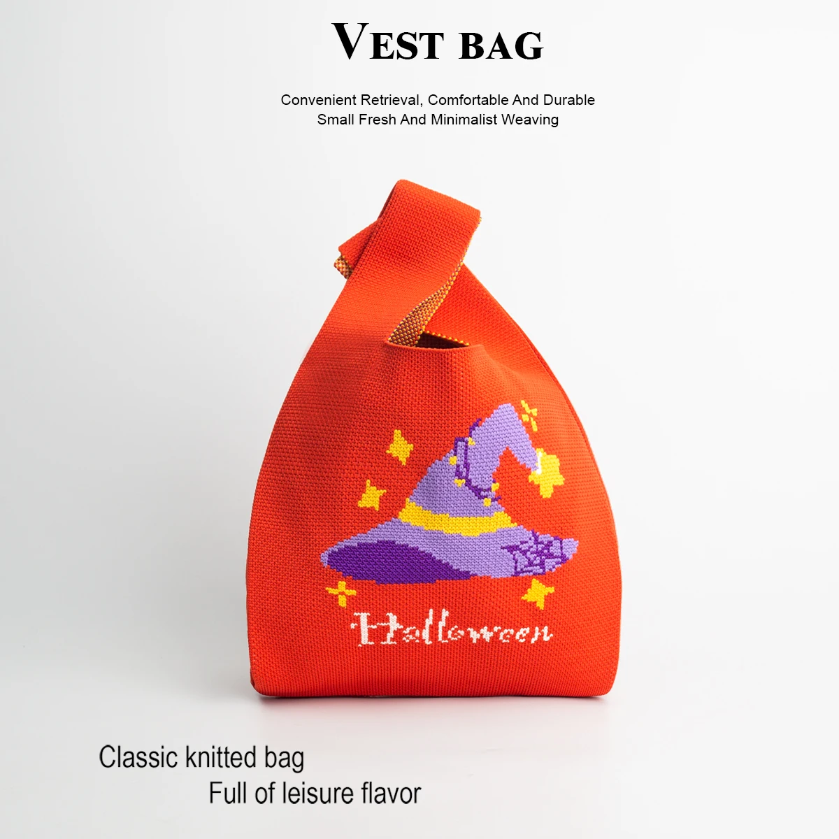 Bolsa de mano tejida con gorro mágico de bruja de dibujos animados de Halloween, crea una atmósfera festiva, adecuada para mujeres y niños de usar en Halloween para guardar dulces y meriendas, transpirable, suave, plegable, reutilizable, adecuada para viajes diarios, compras, caminar, portátil, se puede transportar con el teléfono móvil y llaves, versátil