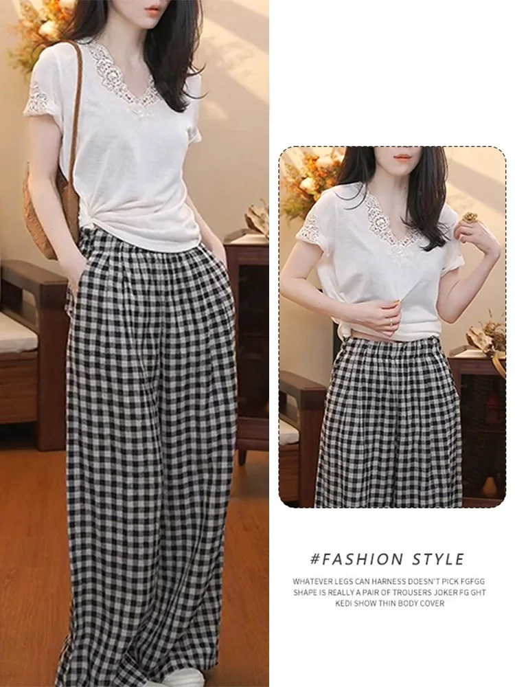 

Fashionable Embroidered Heavy Work Short Sleeve Top And High Waist Casual Pants Set Summer 2026 Women's Ensemble with V Neck