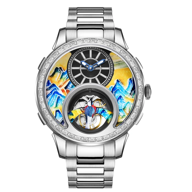 HANBORO Men Automatic Watch 43.6mm Luxury Mechanical Wristwatch Luminous Enamel Carved Painted Mountain Dial Crystal Bezel