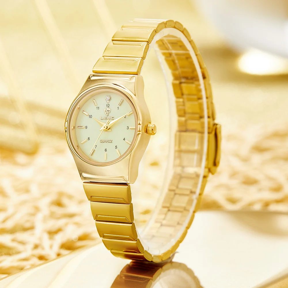 Wonen-reloj de cuarzo dorado de lujo para mujer, pulsera de acero inoxidable, resistente al agua, reloj de pulsera dorado para niña, nuevo