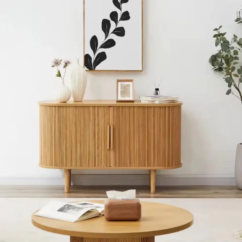 

Modern minimalist living room, furnished wooden corner table with metal lockers for home entrance, and hallway console table