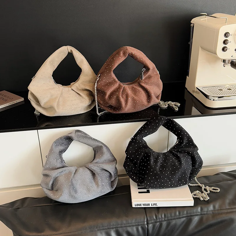 

Luxury Design Rhinestone Clutch Bag for Women Solid Color Zipper Chain Dumpling Bags American Fashion Pleated Female Handbags