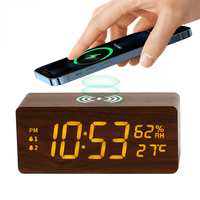 USB Wooden Digital Alarm Clock with Wireless Charging LED Display Thermometer Humidity Clock for Office Desk Small Bedside Clock