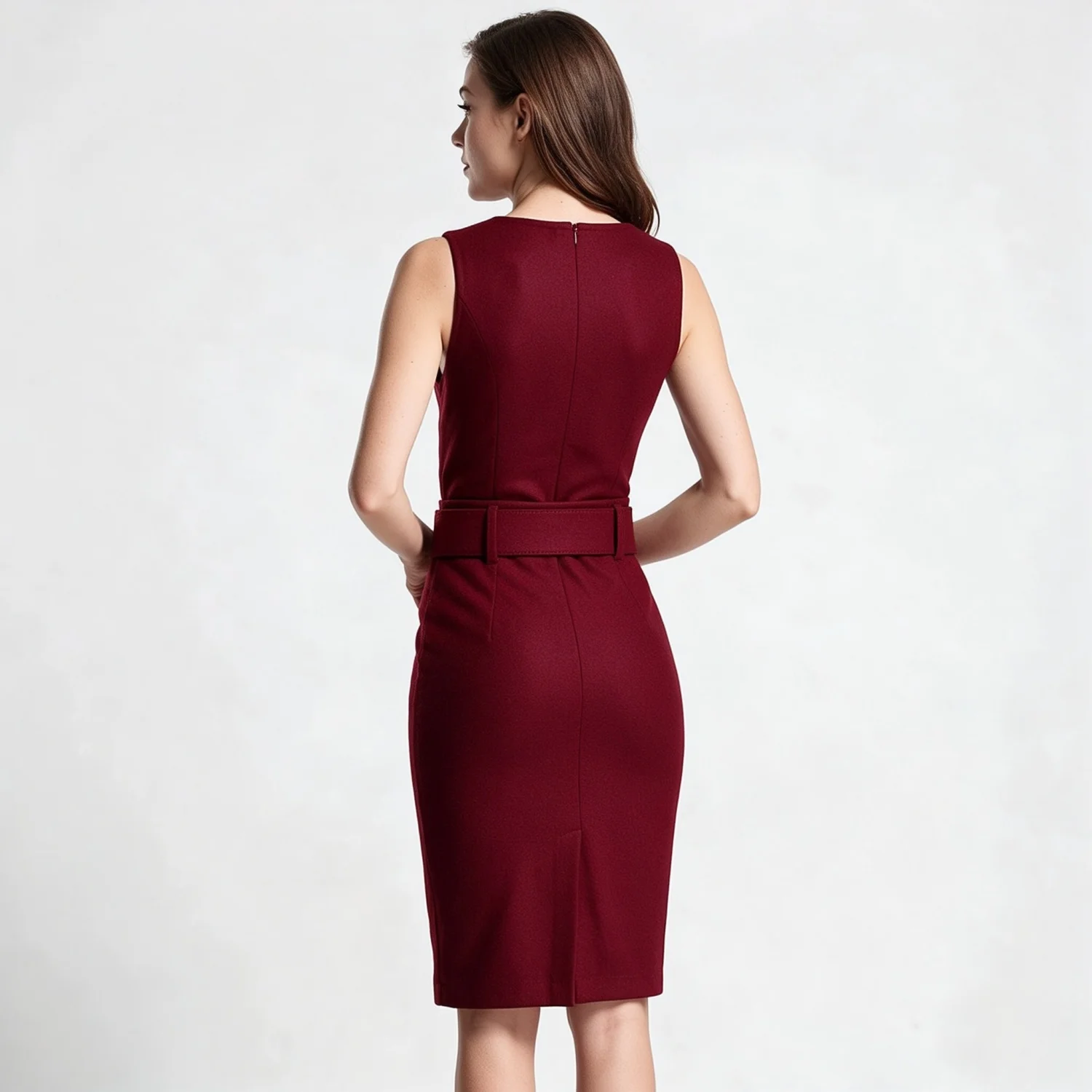 Pencil Skirt Women's Winter Thick Wool Blend V-Hem High Waist Wide Belt Front Slit Midi Office Skirt
