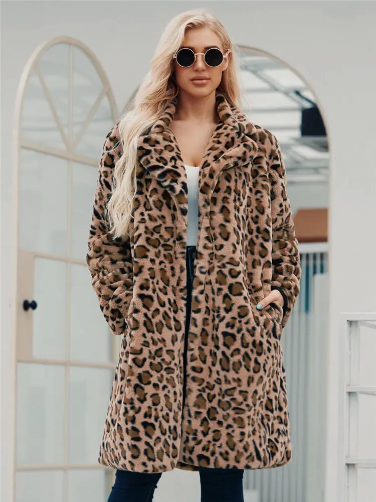 Women Winter Leopard Coat Faux Fur Long Fleece Sweater Lady Faux Mink Cardigan Plus Size 3XL High Quality Fluffy Robe