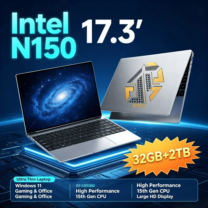 Portable Laptop Intel N150 17.3 ''HD Display 32GB RAM 2TB SSD Windows 11 WiFi 6 BT5.2 Fast Boot Business Notebook For Office Use