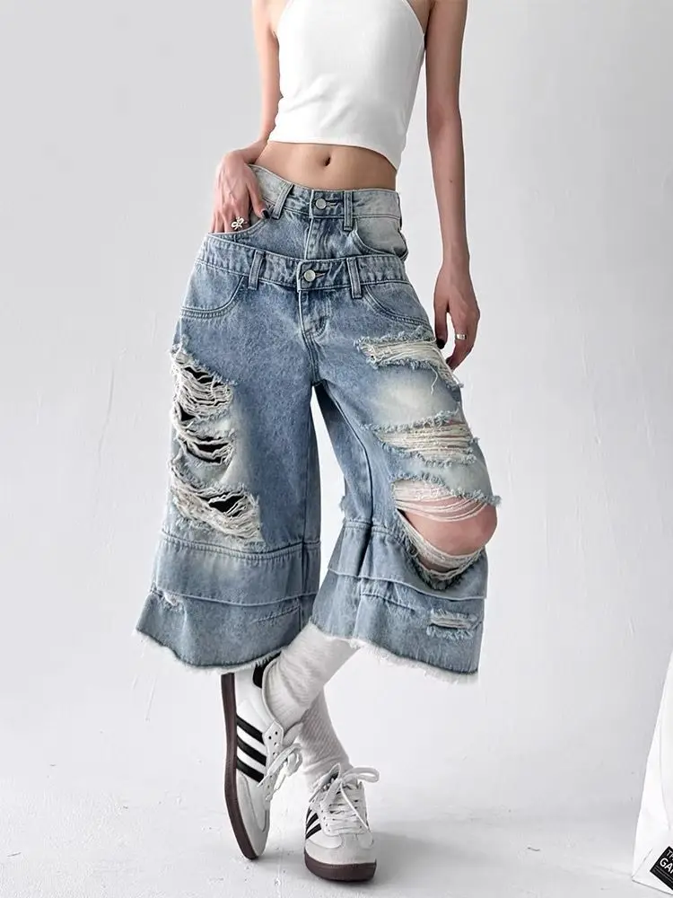 Retro American Washed Ripped Straight Denim Jeans Damen Design Hohe Taille Lose Weite Beinhose Knielange Baggy Jeans