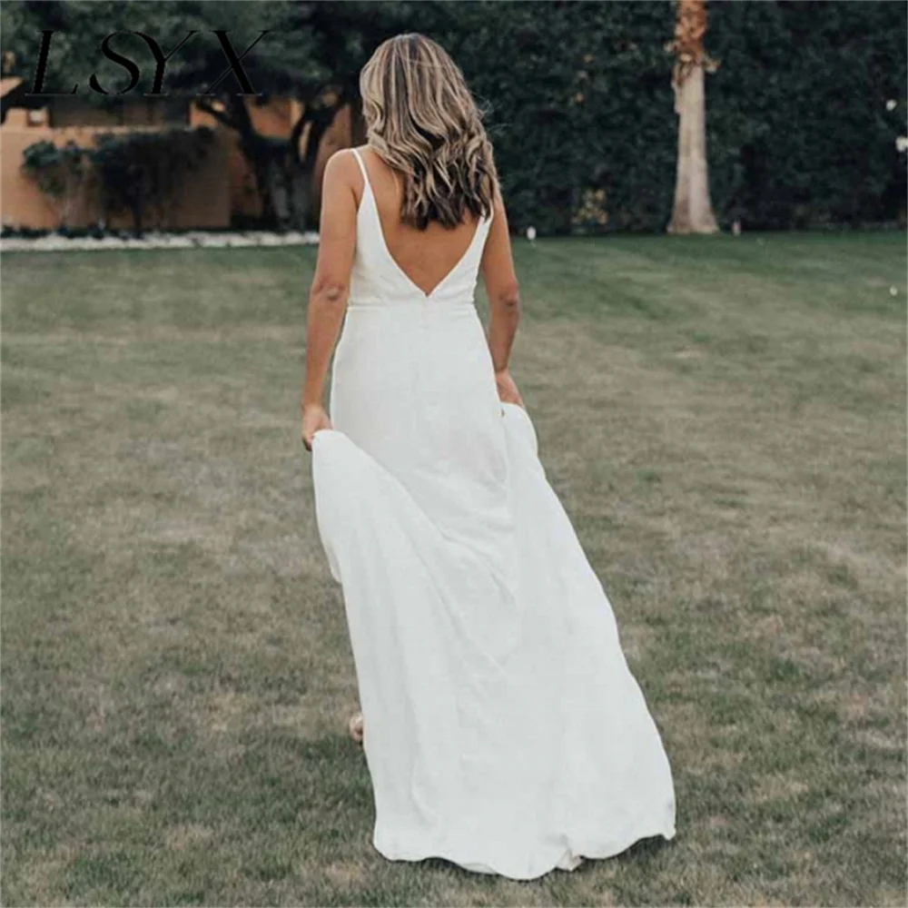 LSYX Perfect Deep V-Neck Sleeveless Crepe Mermaid White Wedding Dress Simple High Slit Button Backless Bridal Gown Custom Made