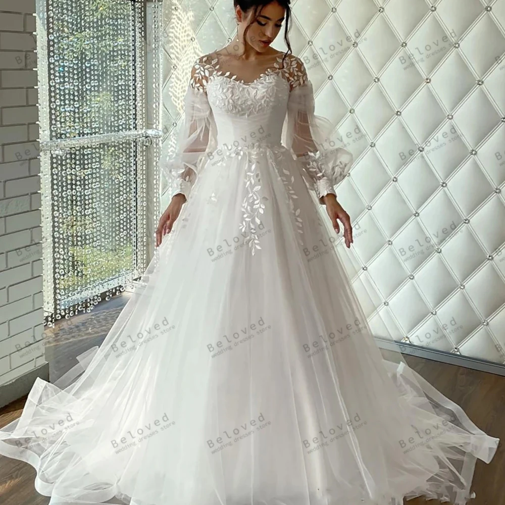 Vestidos De Noiva Apliques De Renda, Vestidos De Baile De Princesa, Tule Tiered Robes, Mangas Longas, Vestidos De Noiva Glamorosos