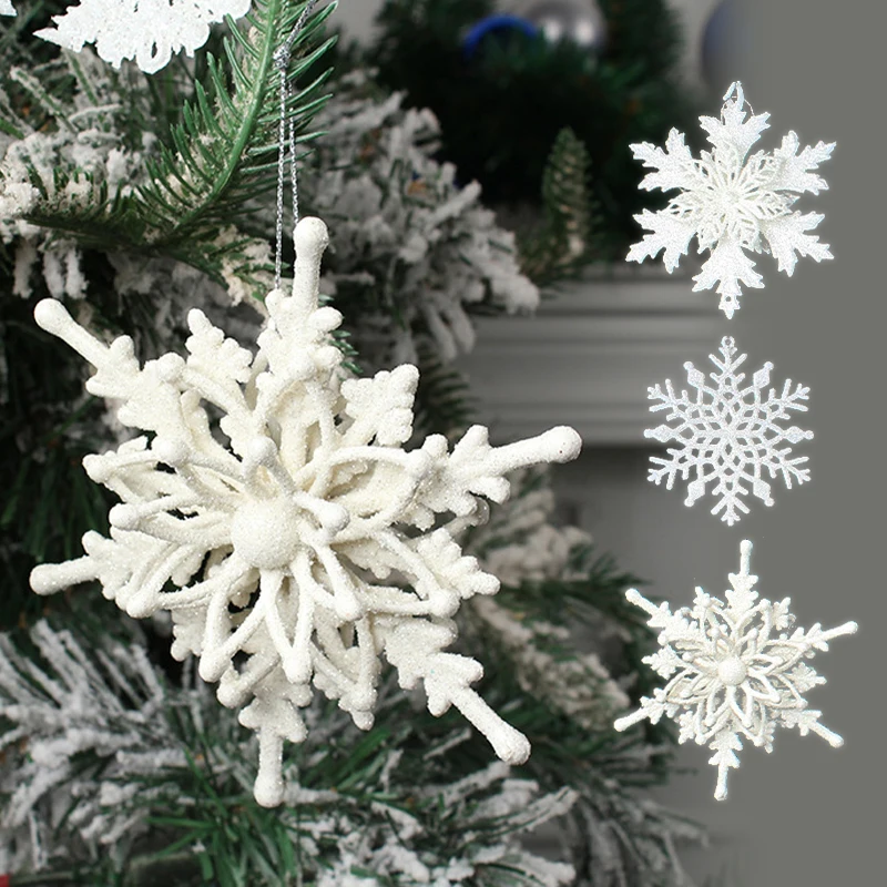 1/2/3Pcs White Plastic Snowflake Ornaments Glitter Powder Snowflake With Lanyard For Shop Windows Christmas Trees Decorations