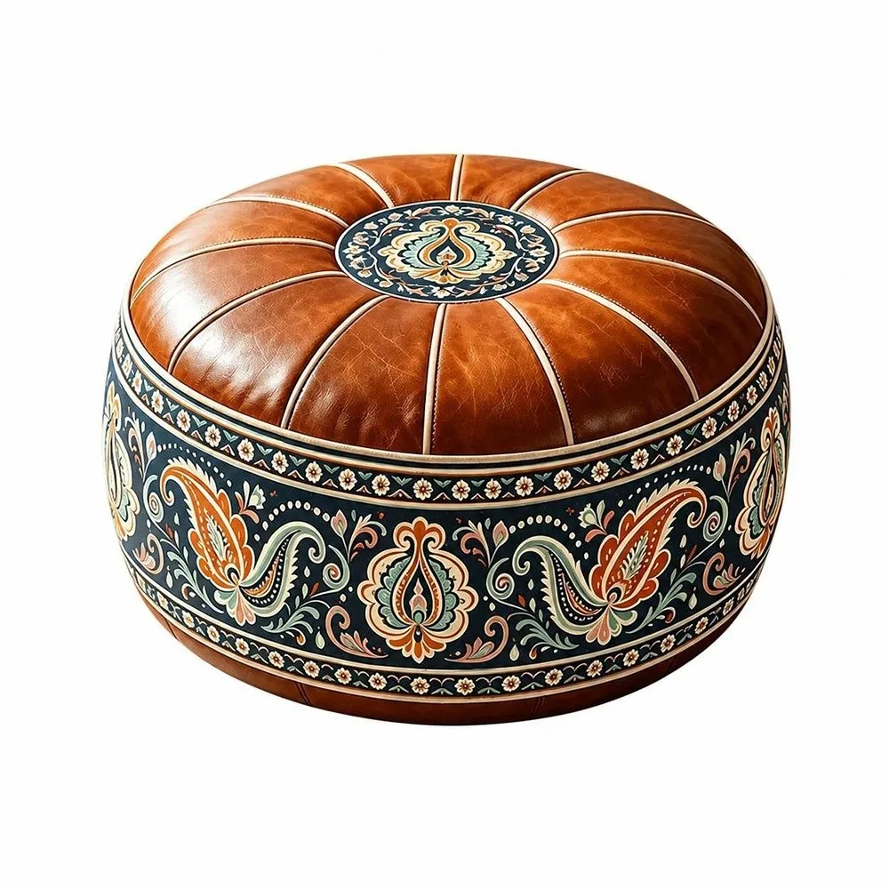 New PU Leather Fillable Ottoman Pouf Embroidered Pattern Round Shape Round Pouf Cover Moroccan Style Storage Ottoman Home Use