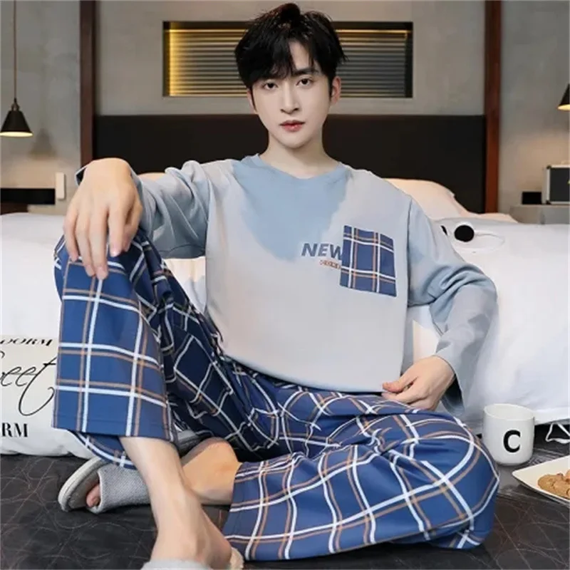 

Korean Men Pajamas Set Long Sleeve Pullover Striped Plaid Trousers Sleepwear Teen Student Loungewear Two-Piece Set Home Clothes