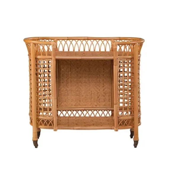 

2026 New Design Bar Cart Outdoor Hotel Dining Cart Restaurant Service Car Pure Hand-Woven Natural Rattan Wicker Drinks Trolley