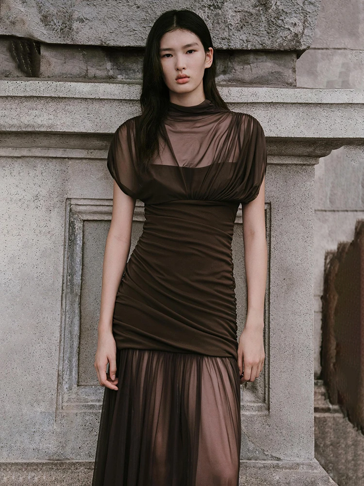 Blifanbo elegante malha bodycon vestido longo feminino dupla camada ver através ruched retalhos clube festa noite vestido longo outono