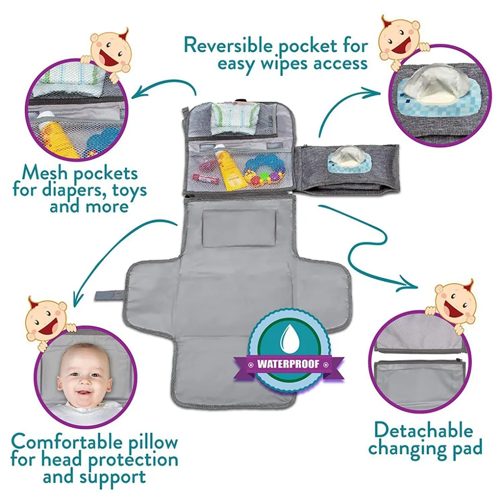 Almofadas de mudança de fralda portátil dobrável com toalhetes inteligentes, impermeável Travel Baby Pad, Kit em mudança com bolsos