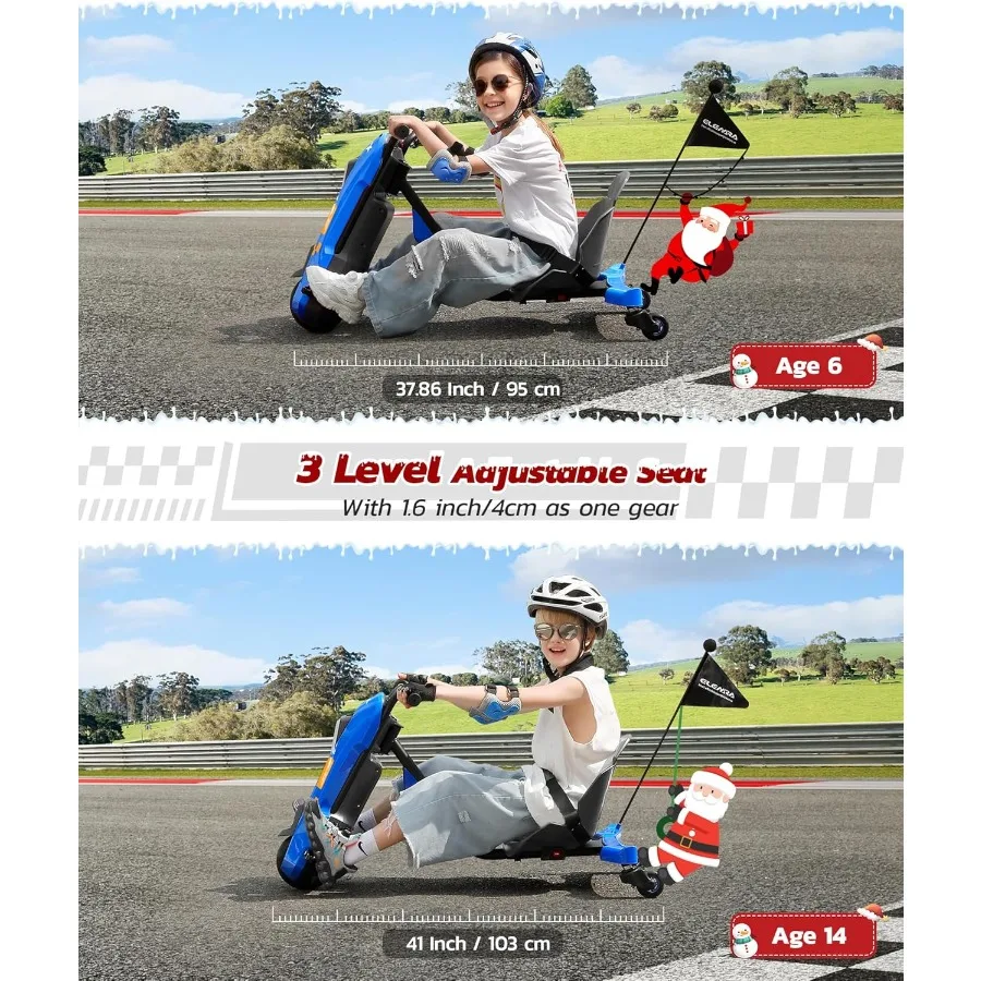 Kart de deriva con velocidad continua, karts de deriva de 12V para asiento ajustable, Go Kart de 5 MPH con música, banderín de luz Bluetooth
